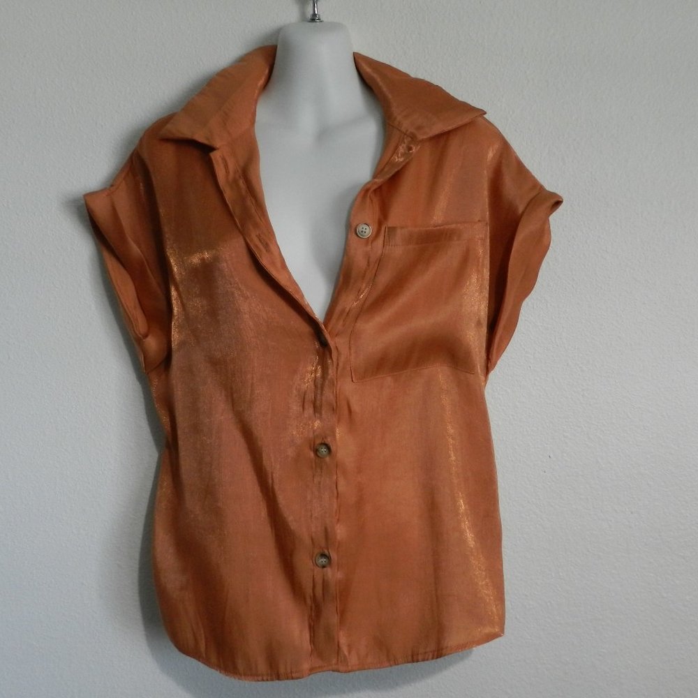 Shein button down, front pocket, cuffed cap sleeve shimmery blouse, copper/rust